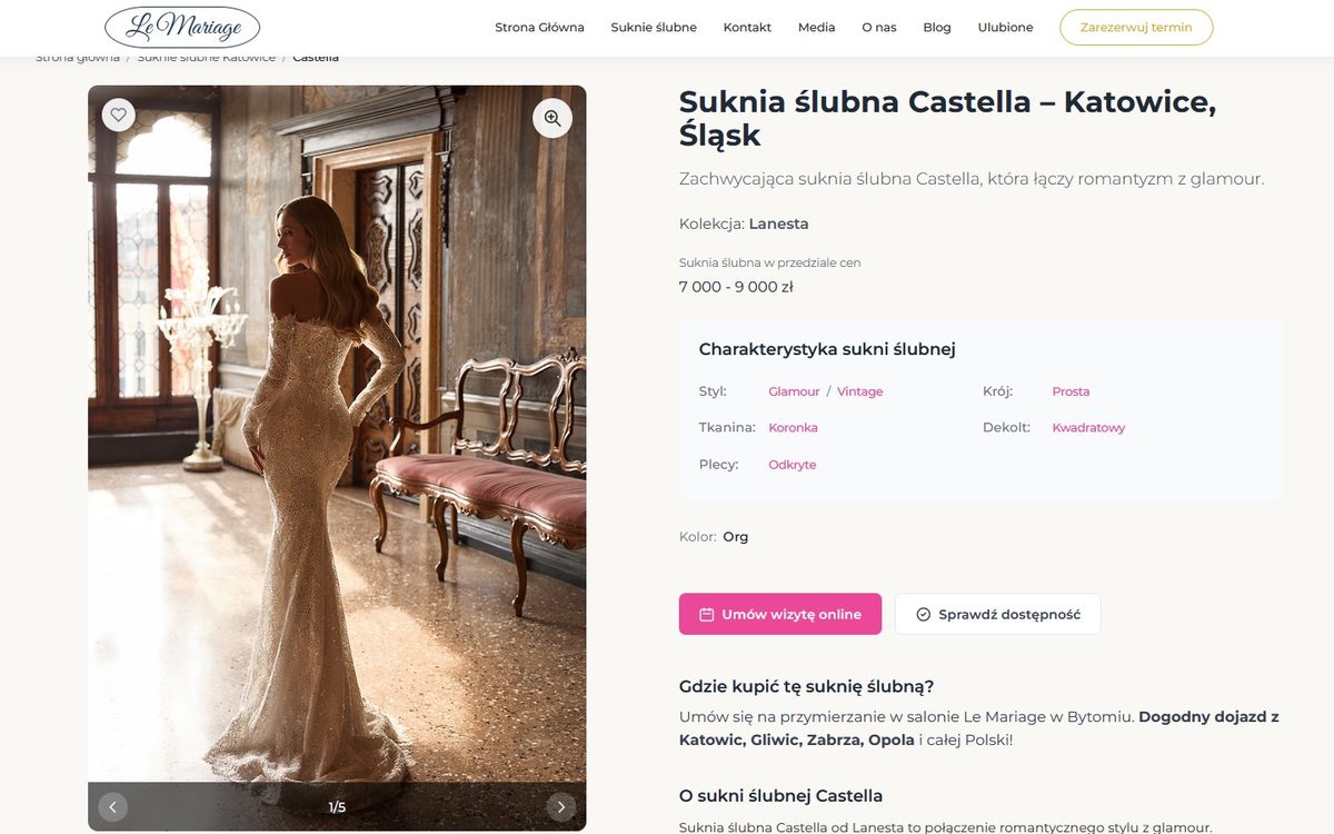 Karta produktu w sklepie Le Mariage z opisem i cechami sukni wygenerowanymi przez AI - realizacja prestiz.net